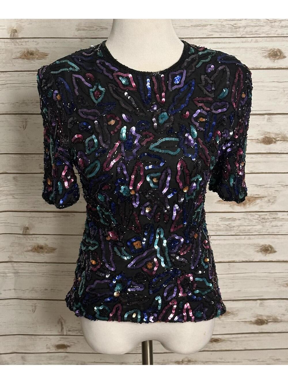 Vintage 80s 90s black/multicolored sequined/hand-beaded 100% silk evening top